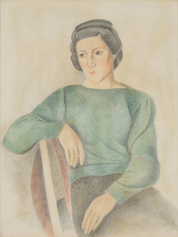 Navarro Ramón. Retrato Josefa Fisac, 1942 (ca). Dibujo la lápiz colores. 61x50 cm.